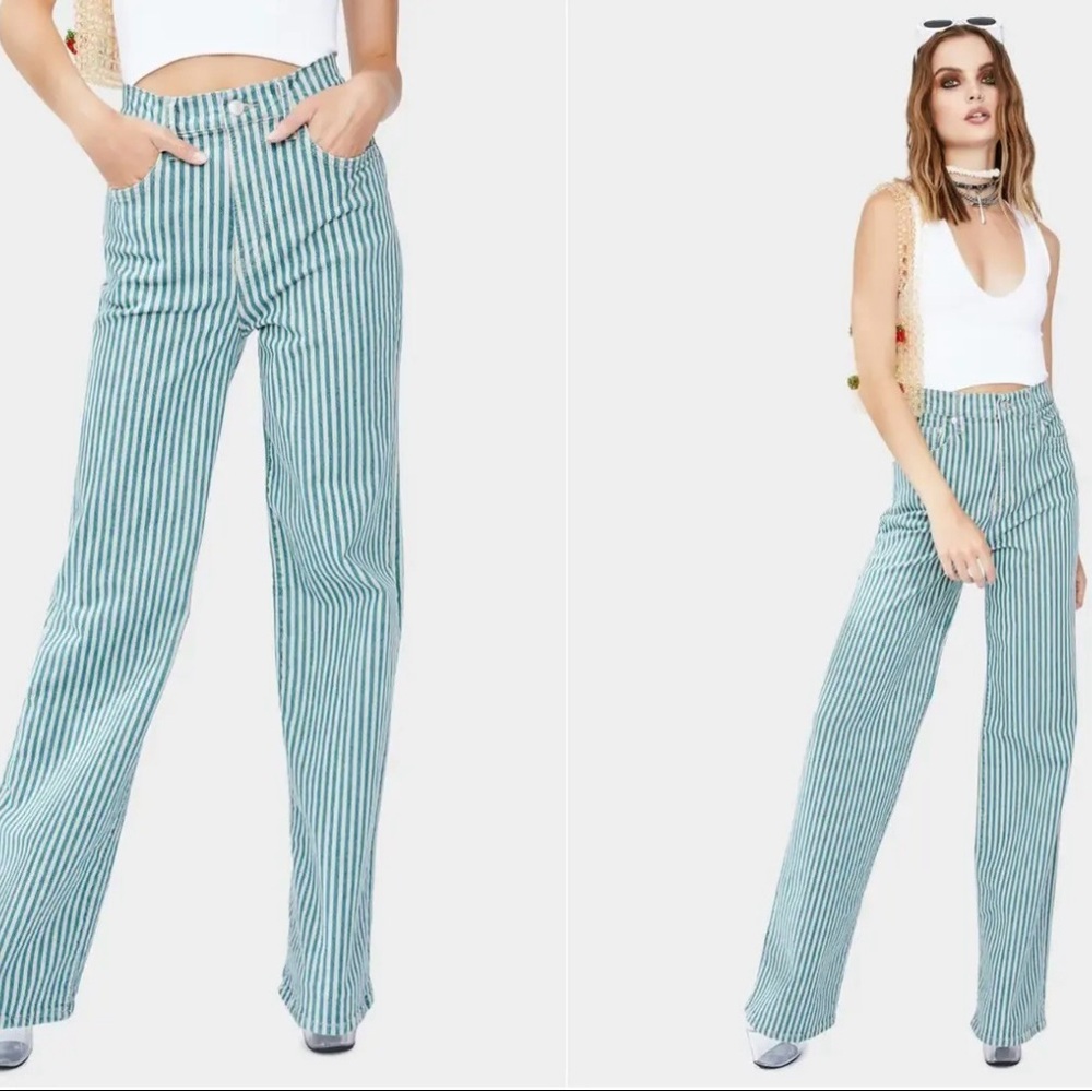 NWT Size 29 We The Free People Astoria Wide Leg Stretch Jeans Blue &Gray Stripe